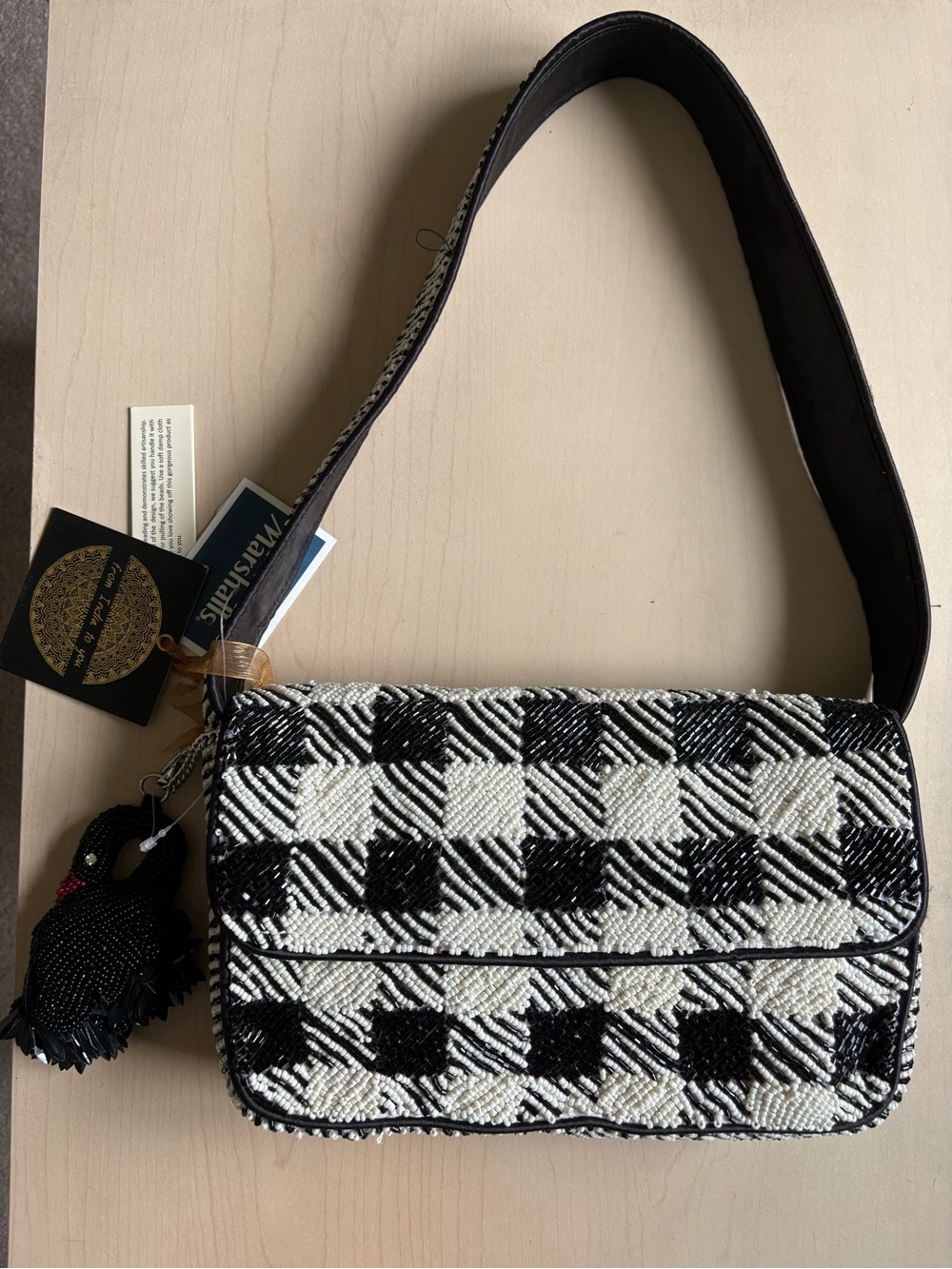 Black & White Beaded Check Shoulder Bag with Black Swan Charm